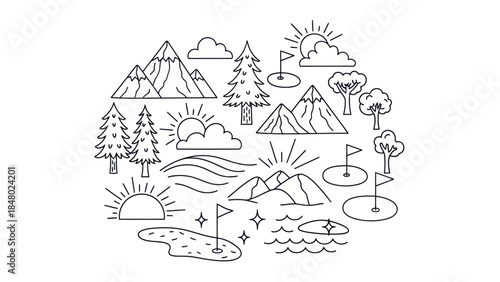 Line art landscape elements sun mountains trees and golf icons
