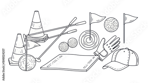 Line art of various golf equipment elements isolated on white background