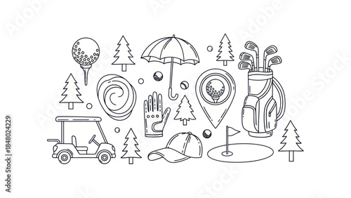 Golfing equipment collection illustrated in a clean vector style against white backdrop