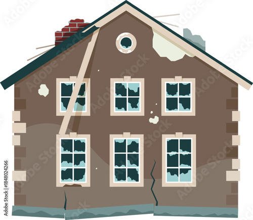 Damaged house with broken windows and structural cracks