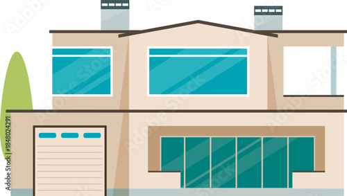 Modern residential building with a garage and large windows