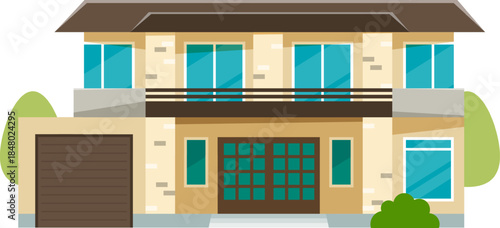 Modern house building with garage and balcony