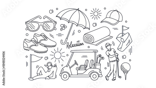 Golfing essentials vector illustration equipment activities and relaxation concept