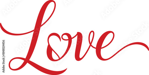 Beautiful red calligraphy love text on white background