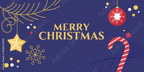 Christmas decorations and a Merry Christmas text set against a royal blue gradient background, rendered in 3D for a modern holiday design.
