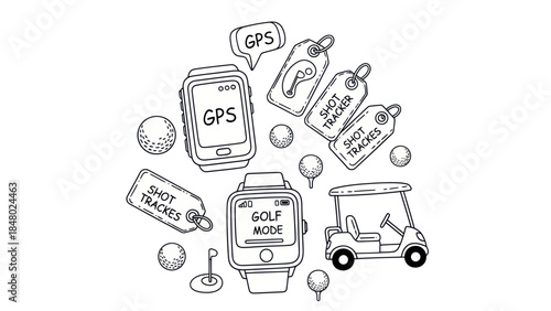 Golfing equipment illustration watch cart balls and shot tracker tags