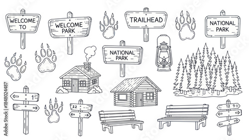 Illustrated park signs and elements nature trails and rustic structures