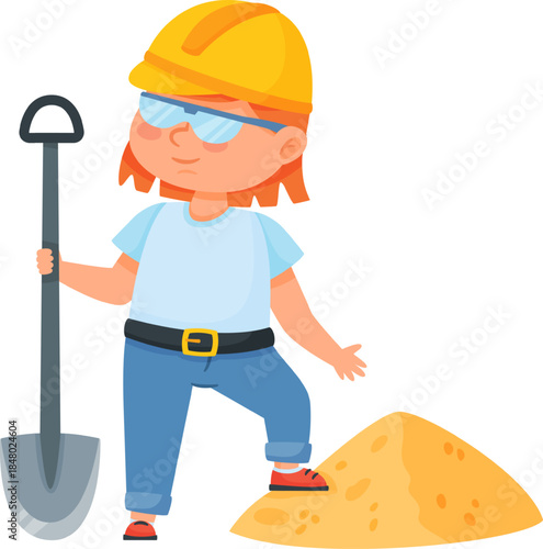 Girl future construction worker standing with shovel and sand