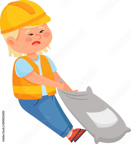 Construction worker struggling lifting heavy material sack