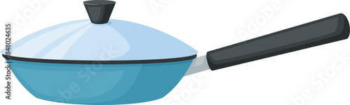 Frying pan with lid preparing food in kitchen
