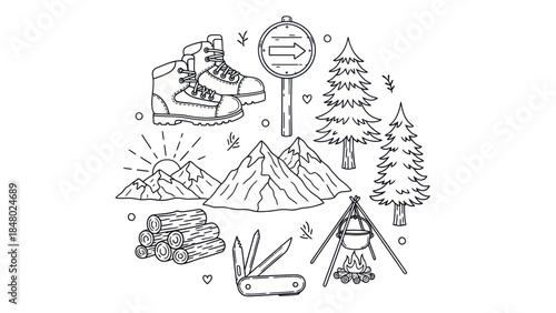 Outdoors adventure hiking boots nature elements and camping gear vector
