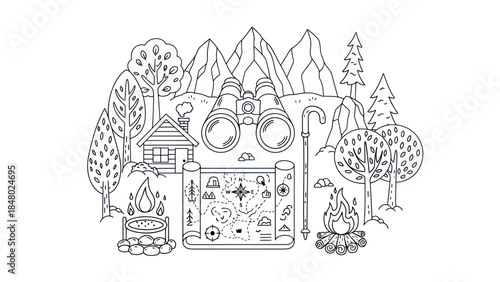 Outdoor adventure illustration camping gear and landscape exploration theme
