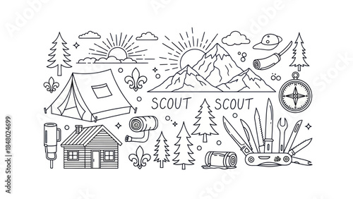 Outdoors adventure scout camping elements illustrated in monochrome style