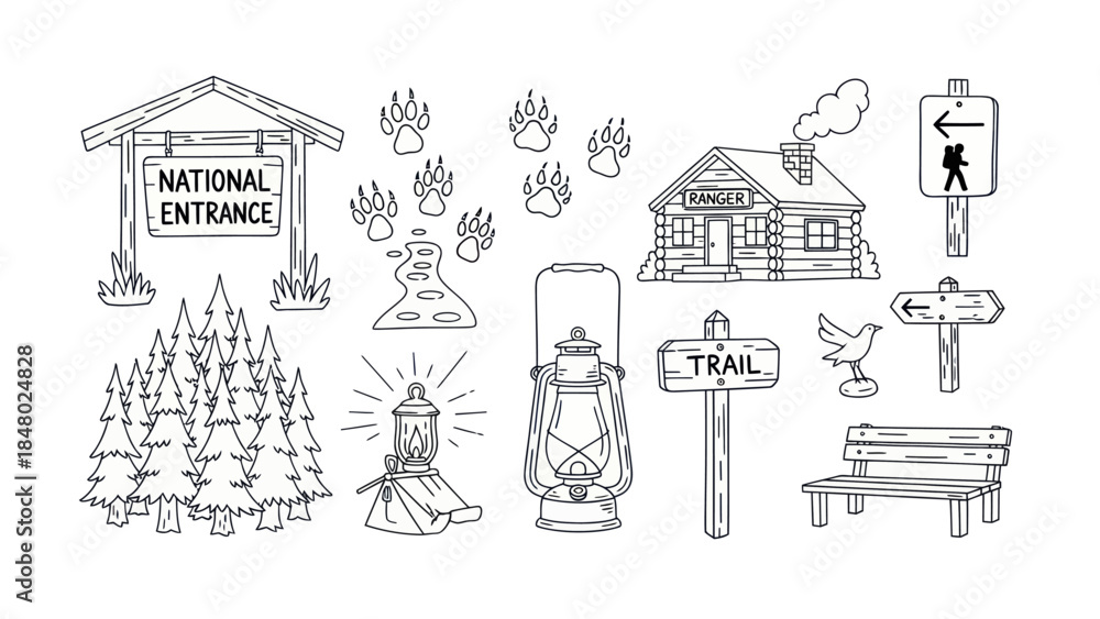 Obraz premium Outdoors illustration collection nature elements and structures in linear style