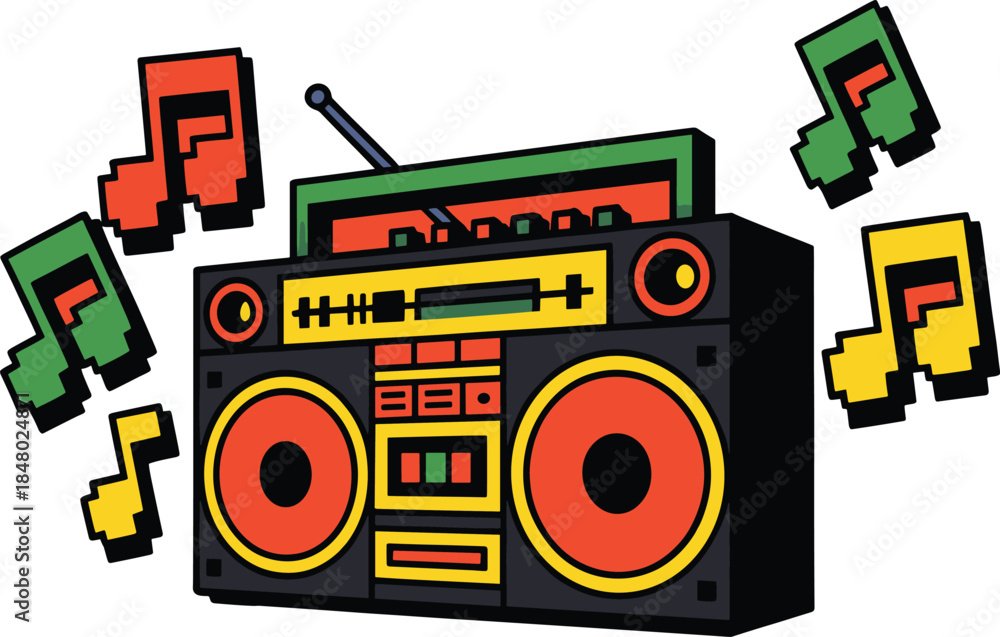 Fototapeta premium Retro boombox with pixelated musical notes sound audio