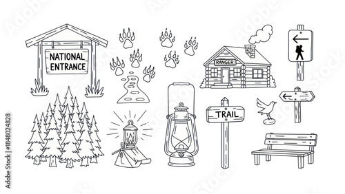 Outdoors illustration collection nature elements and structures in linear style