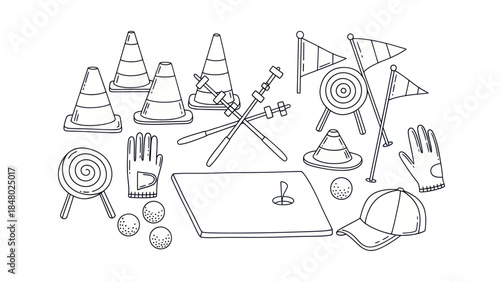Outlined golf equipment set cones flags balls and accessories