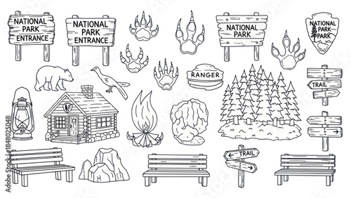 National park elements vector illustrations of signs animals and scenery