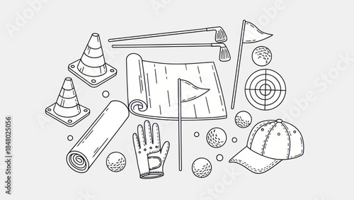 Line art illustration of golfing and fitness equipment collection