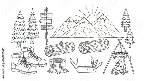 Outdoor adventure illustration mountains trees campfire hiking and travel elements