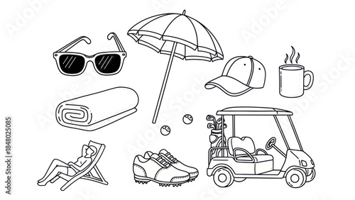 Outlined golfing elements sunglasses umbrella cap towel cart and more