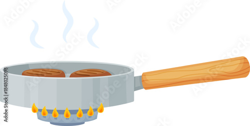 Frying pan cooking patties on gas stove with smoke