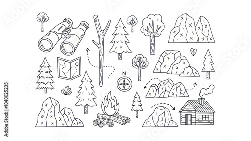 Outdoor adventure and camping elements illustration in detailed line art style