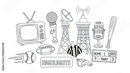 Outlined icons of broadcast and sports elements for informational design