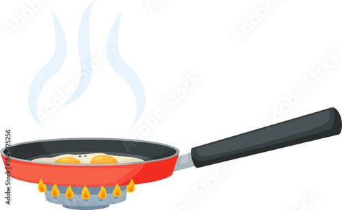 Frying eggs in a pan preparing breakfast meal