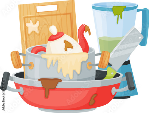 Dirty kitchen dishes and appliances illustrating household mess