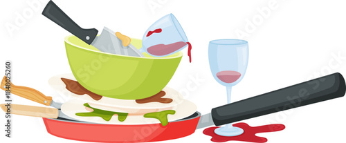 Dirty dishes piling up in messy kitchen after meal