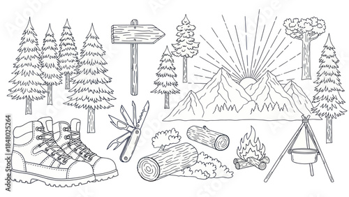 Outdoor adventure illustration with mountains trees and camping elements