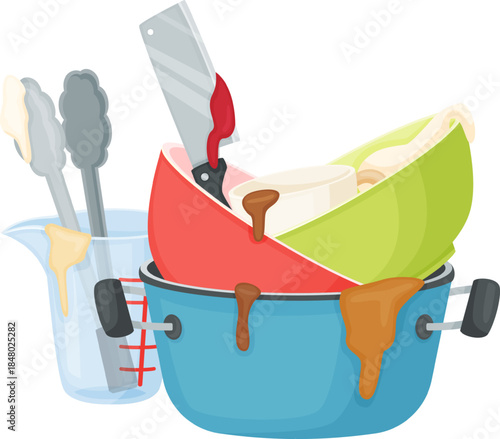 Stacked dirty kitchenware with food remnants after cooking