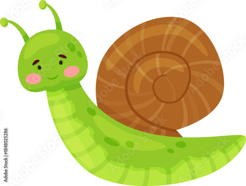 Cute cartoon snail with friendly face moving slowly