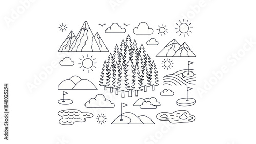 Outlined illustration of nature elements trees mountains sun and clouds