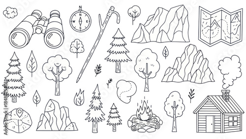 Outdoor adventure set line art illustrations of nature and exploration