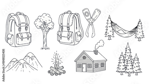 Outdoor adventure and camping elements in detailed black and white illustration