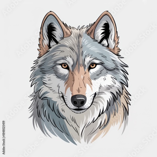 Gray Wolf Head Illustration, Detailed Cartoon Style, Perfect for Wildlife and Animal Lovers Designs