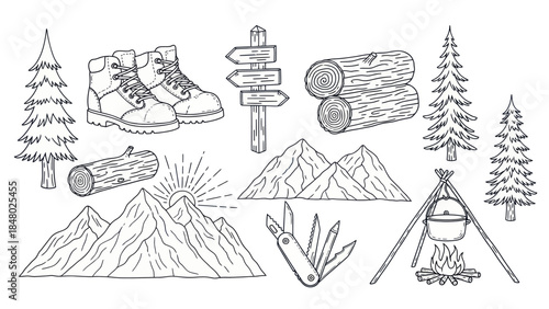 Outdoor adventure set hiking boots mountain views camping elements vector illustration