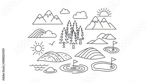 Outlined landscape elements illustration for design and educational uses