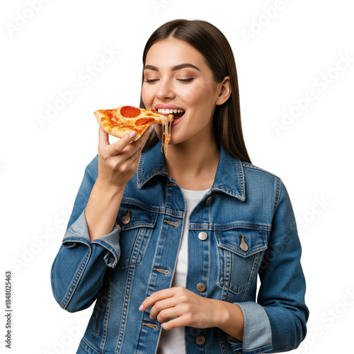 young woman eating hamburger isolated on white