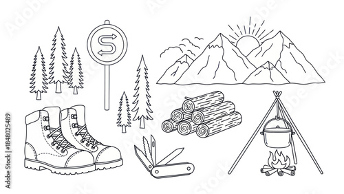 Outdoor adventure and camping themed vector illustration in black and white