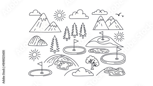 Outlined golf course elements mountains trees flags and sunny day