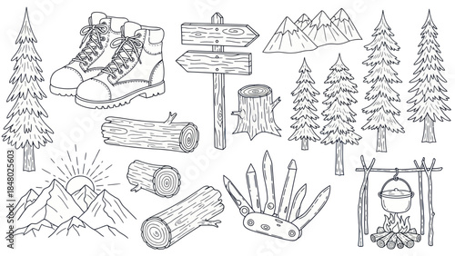 Outdoor adventure and hiking elements illustration for nature exploration