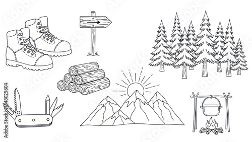 Outdoor adventure vector illustration boots trees campfire and mountains