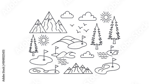 Outlined golf course elements vector illustration of landscape and nature