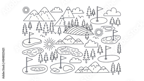 Outlined golf course elements vector illustration of landscape and nature