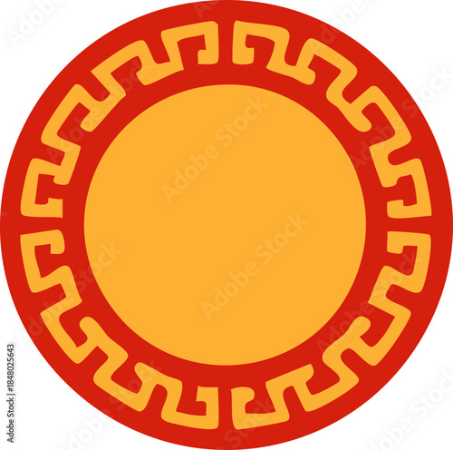 A bold circular decorative emblem in red and gold featuring a traditional geometric border and an empty central space