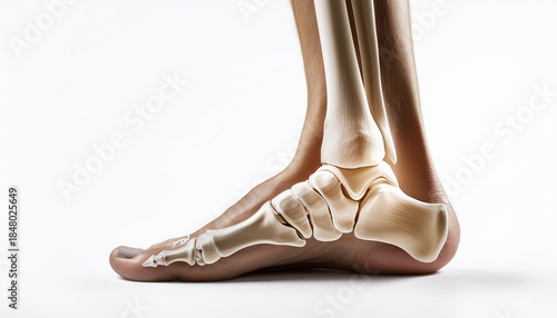 Anatomical model of an ankle on a white background showing bones and structure for educational purpose