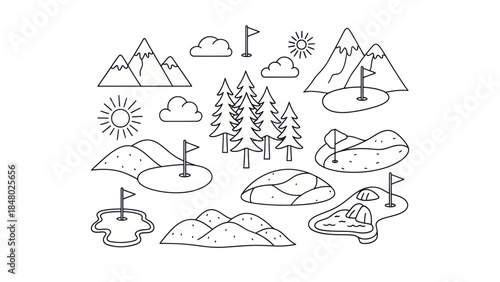 Outlined golf course elements vector illustrations for design and decor